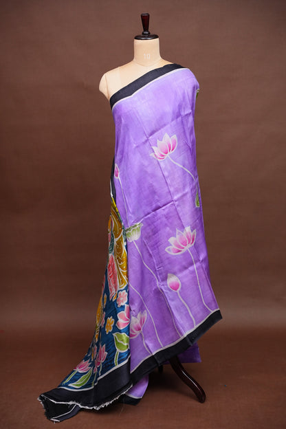 Purely Handpainted Batik Floral On Pure Tussar Silk Saree - Lavender|Silk Mark Certified