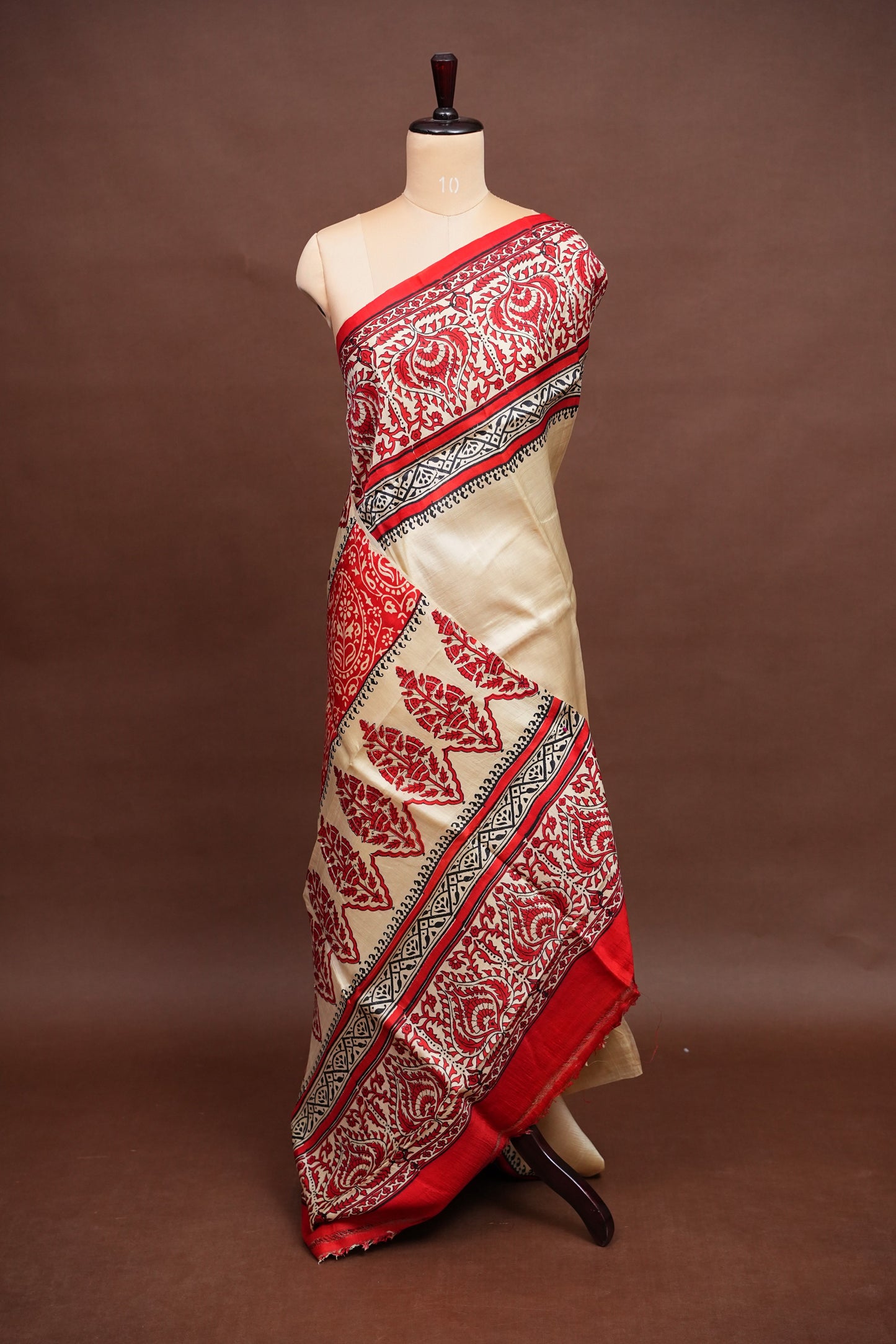 Purely Handpainted Classic On Pure Tussar Silk Saree - Beige with Red|Silk Mark Certified