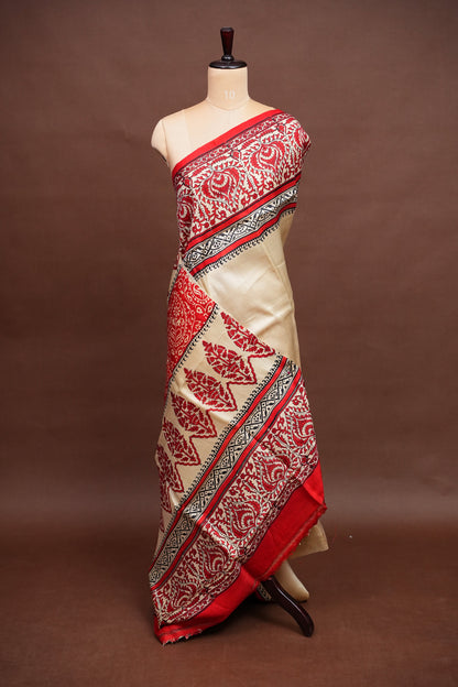 Purely Handpainted Classic On Pure Tussar Silk Saree - Beige with Red|Silk Mark Certified