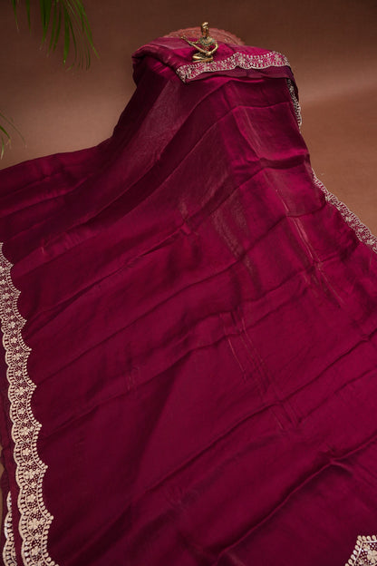 Wine Berry Party Wear Saree with Hand Embellished Scalloped Border