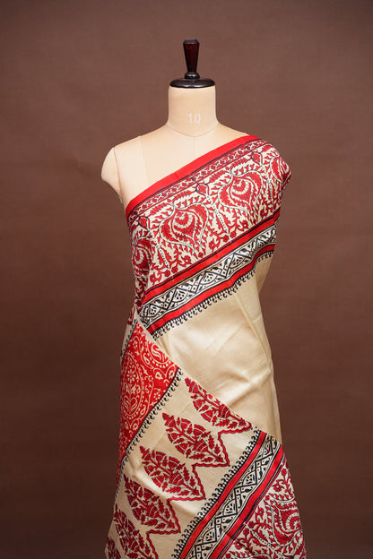 Purely Handpainted Classic On Pure Tussar Silk Saree - Beige with Red|Silk Mark Certified