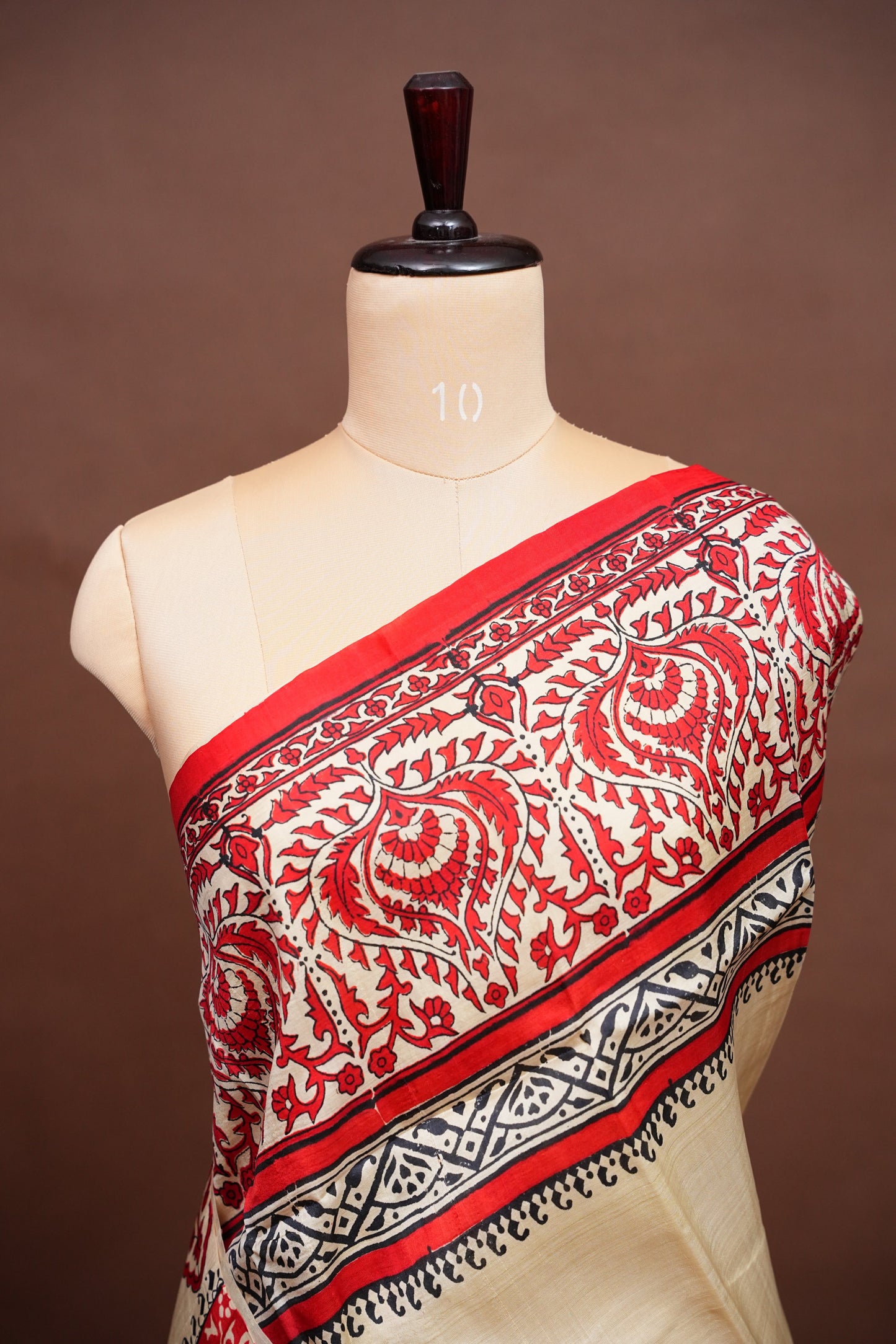 Purely Handpainted Classic On Pure Tussar Silk Saree - Beige with Red|Silk Mark Certified