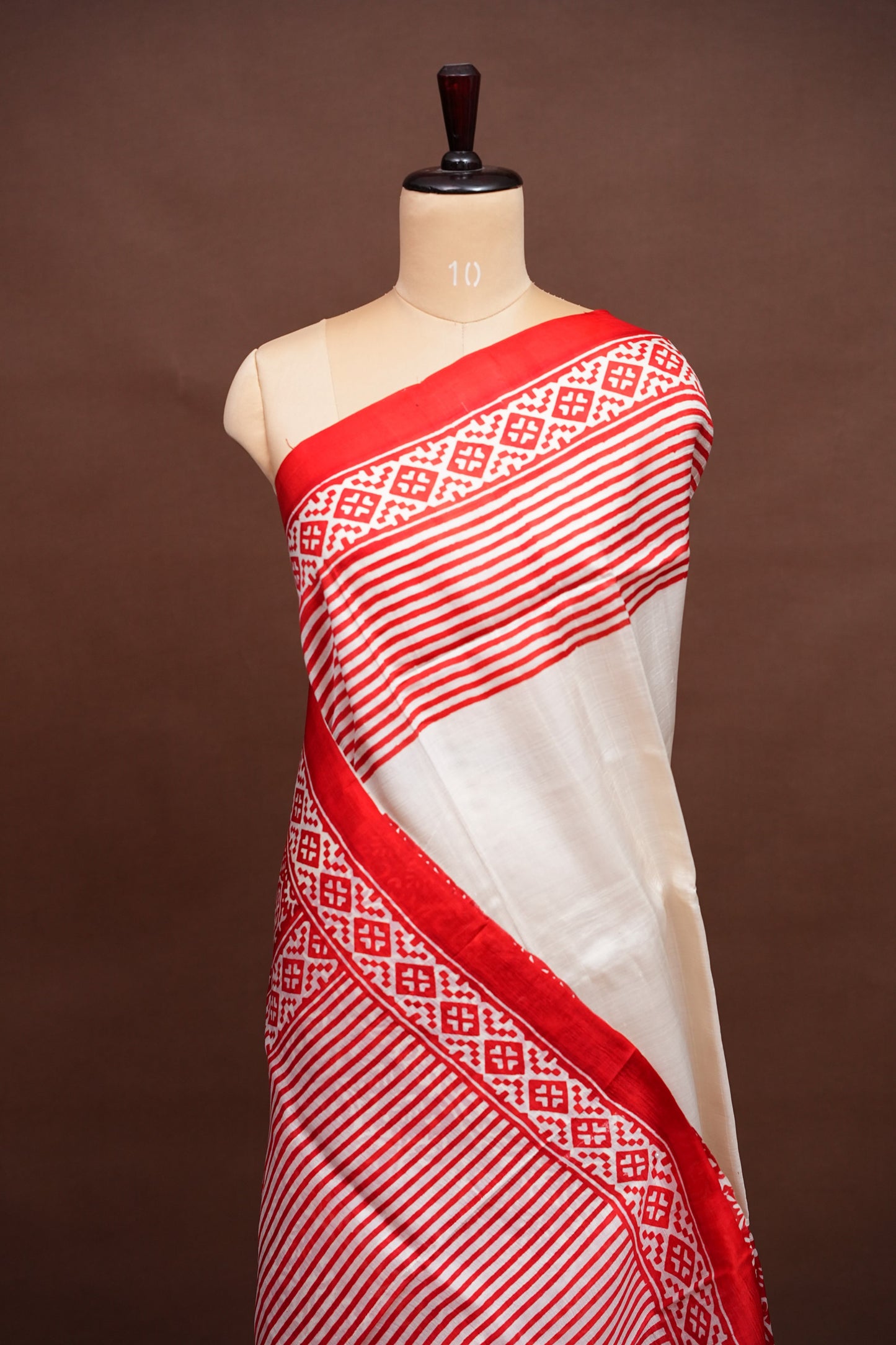 Purely Handpainted Classic On Pure Tussar Silk Saree - White & Red|Silk Mark Certified
