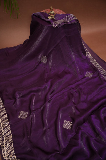 Royal Purple Party Wear Saree with Geometric Hand Embellished Border