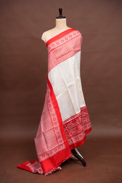 Purely Handpainted Classic On Pure Tussar Silk Saree - White & Red|Silk Mark Certified