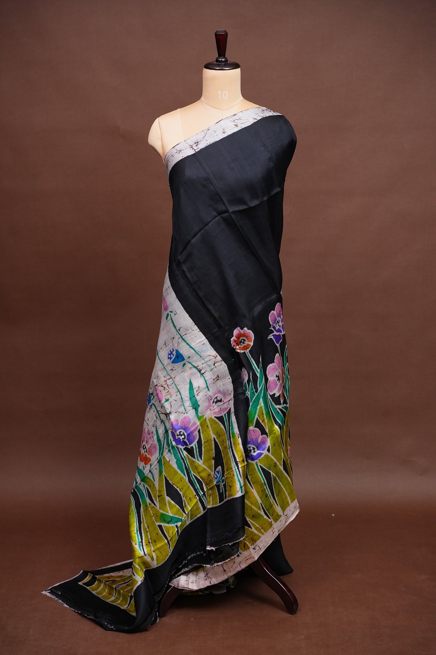Purely Handpainted Batik Floral On Pure Tussar Silk Saree - Black|Silk Mark Certified