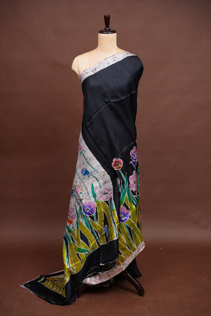 Purely Handpainted Batik Floral On Pure Tussar Silk Saree - Black|Silk Mark Certified