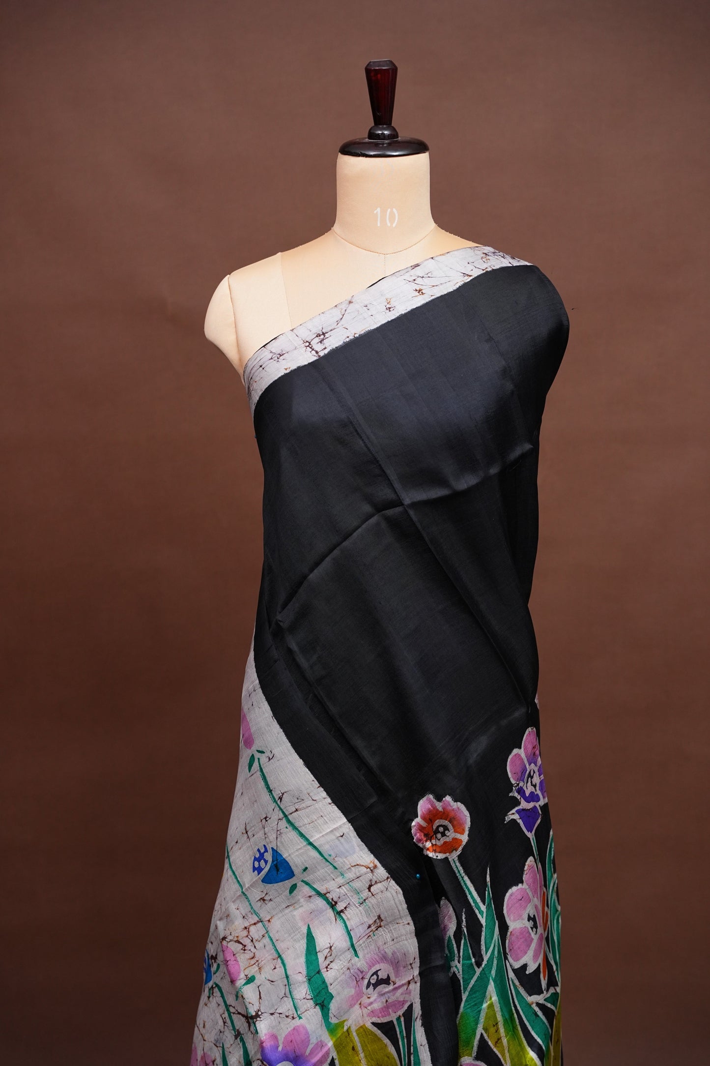 Purely Handpainted Batik Floral On Pure Tussar Silk Saree - Black|Silk Mark Certified