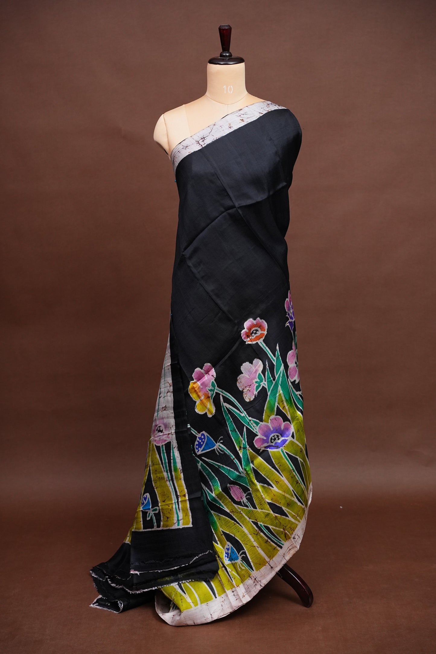 Purely Handpainted Batik Floral On Pure Tussar Silk Saree - Black|Silk Mark Certified