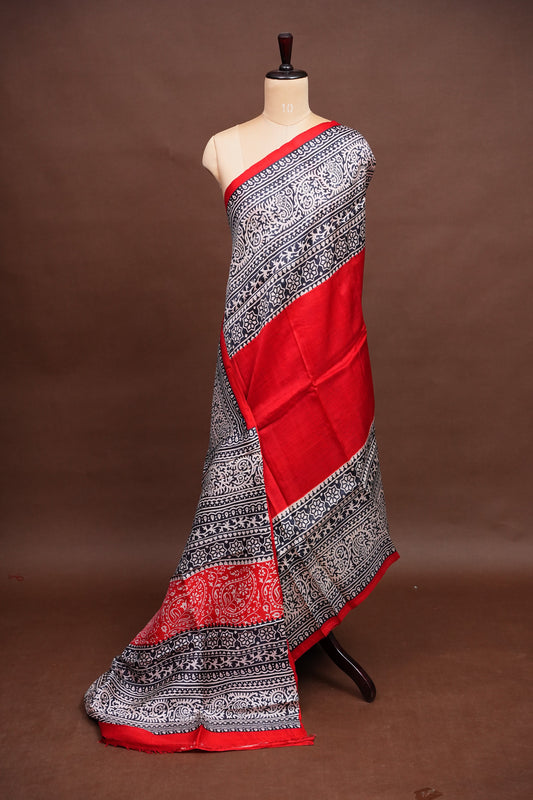 Purely Handpainted Classic On Pure Tussar Silk Saree - Red & Black|Silk Mark Certified