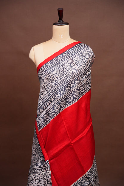 Purely Handpainted Classic On Pure Tussar Silk Saree - Red & Black|Silk Mark Certified