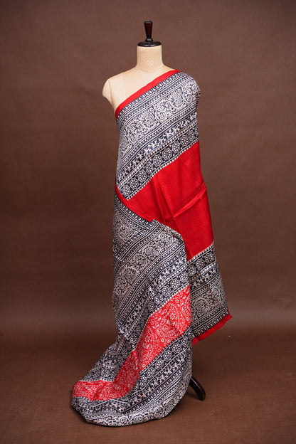 Purely Handpainted Classic On Pure Tussar Silk Saree - Red & Black|Silk Mark Certified