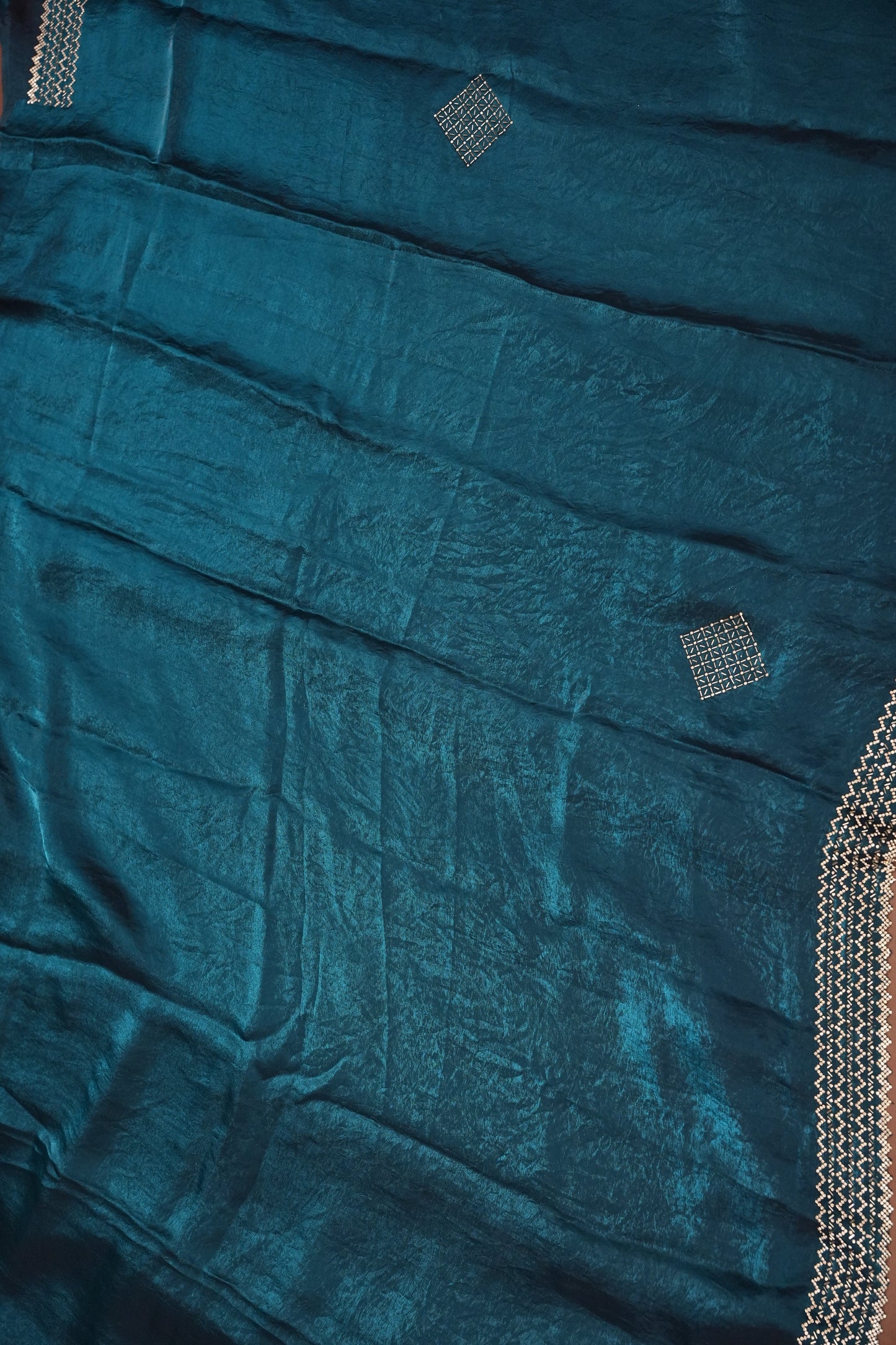 Teal Blue Party Wear Saree with Geometric Hand Embellished Detailing