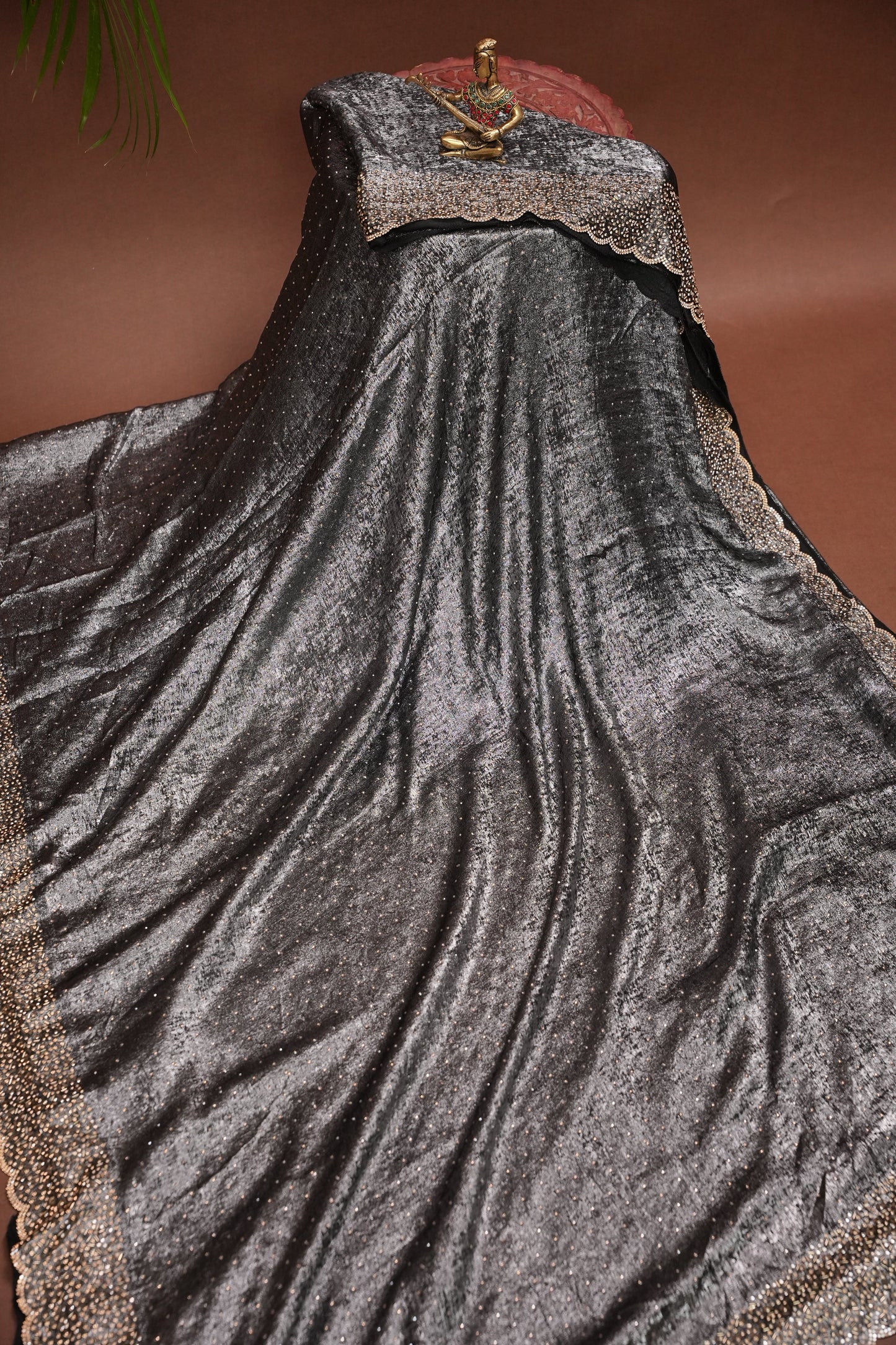 Silver blackish Grey Hand Embellished Party Wear Saree with Designer Scallop Border