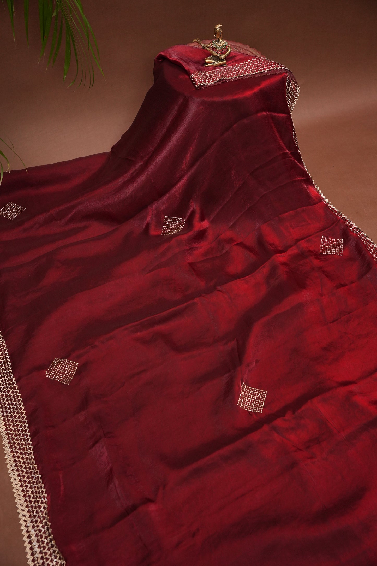 Ruby Red Hand Embellished Party Wear Saree with Designer Border & Floral Motif