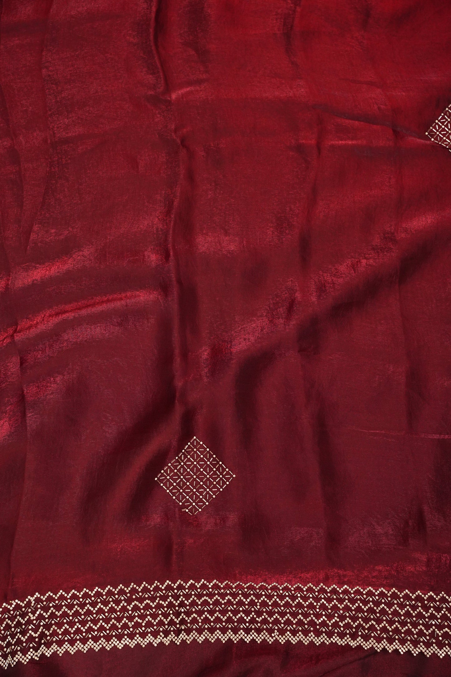 Ruby Red Hand Embellished Party Wear Saree with Designer Border & Floral Motif