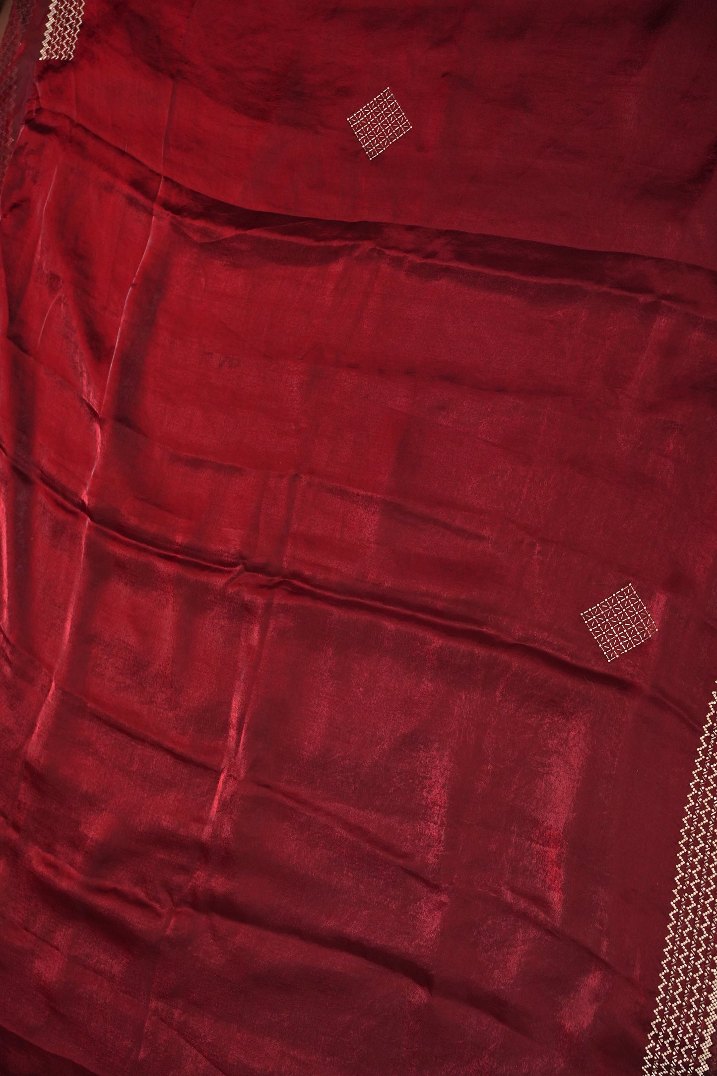 Ruby Red Hand Embellished Party Wear Saree with Designer Border & Floral Motif