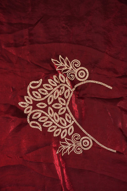 Ruby Red Hand Embellished Party Wear Saree with Designer Border & Floral Motif