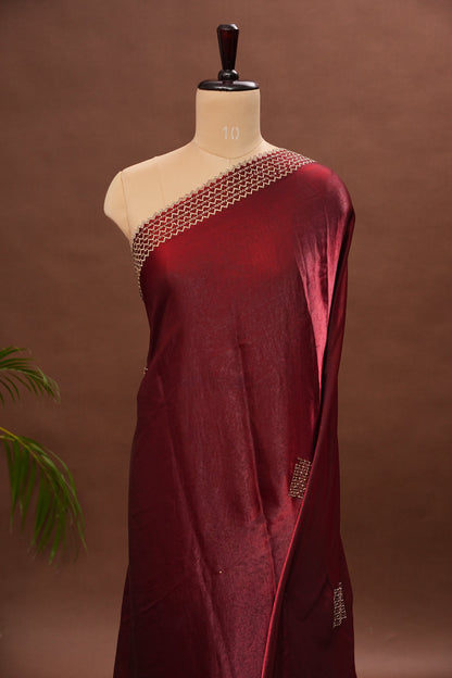 Ruby Red Hand Embellished Party Wear Saree with Designer Border & Floral Motif