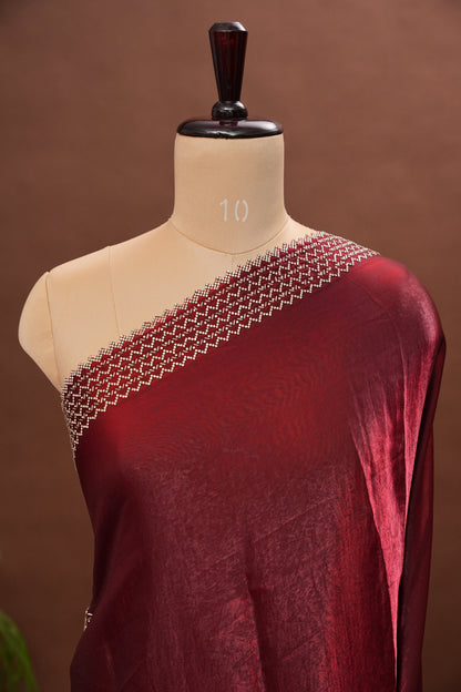 Ruby Red Hand Embellished Party Wear Saree with Designer Border & Floral Motif