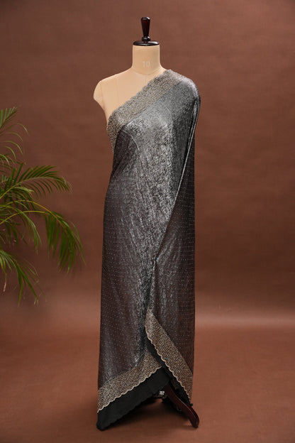 Silver blackish Grey Hand Embellished Party Wear Saree with Designer Scallop Border