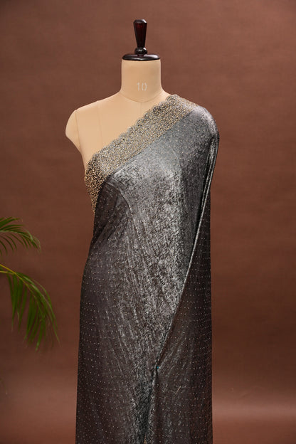 Silver blackish Grey Hand Embellished Party Wear Saree with Designer Scallop Border