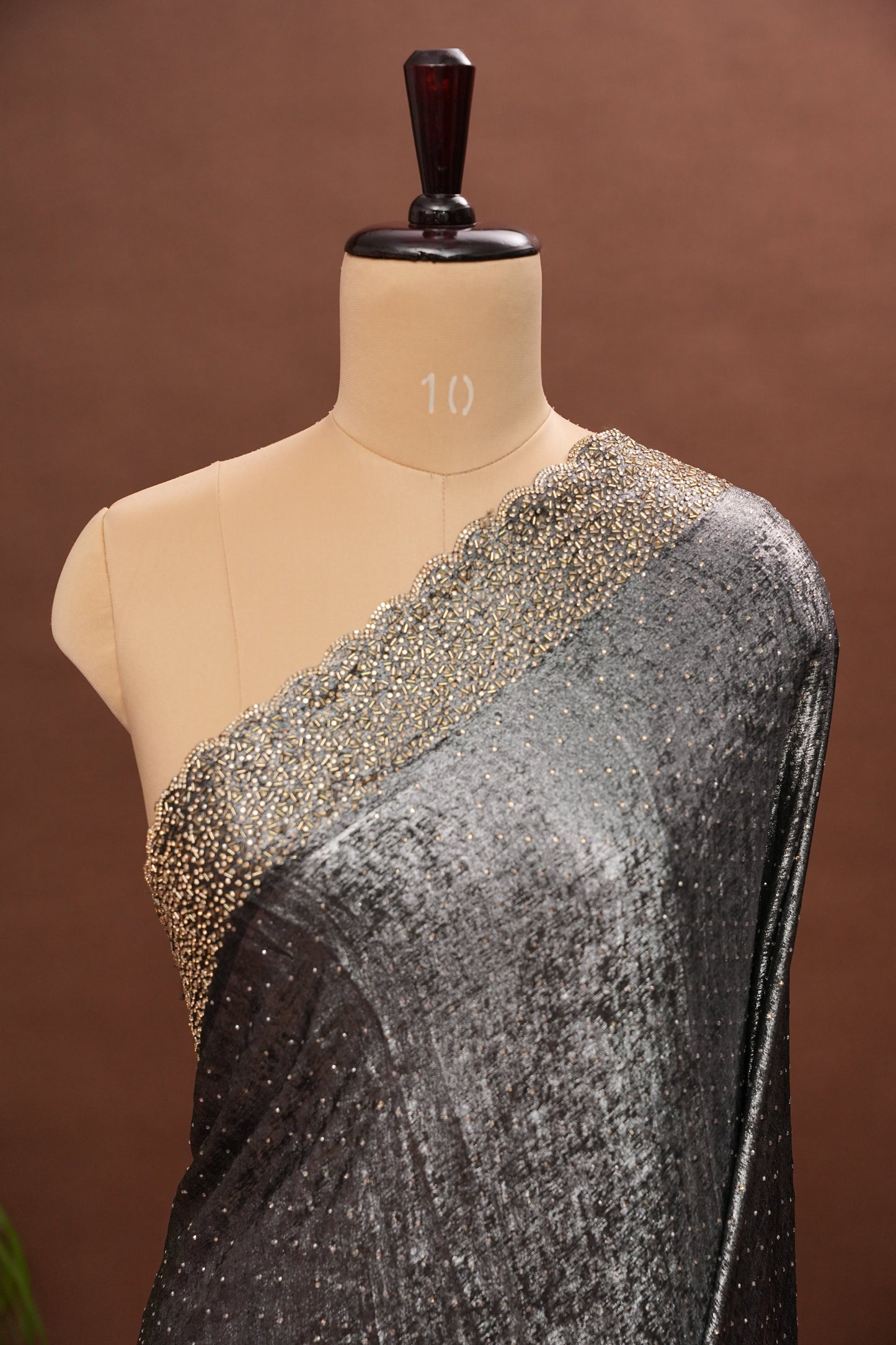 Silver blackish Grey Hand Embellished Party Wear Saree with Designer Scallop Border