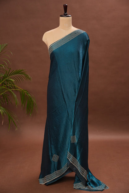 Teal Blue Party Wear Saree with Geometric Hand Embellished Detailing