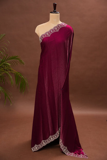 Wine Berry Party Wear Saree with Hand Embellished Scalloped Border