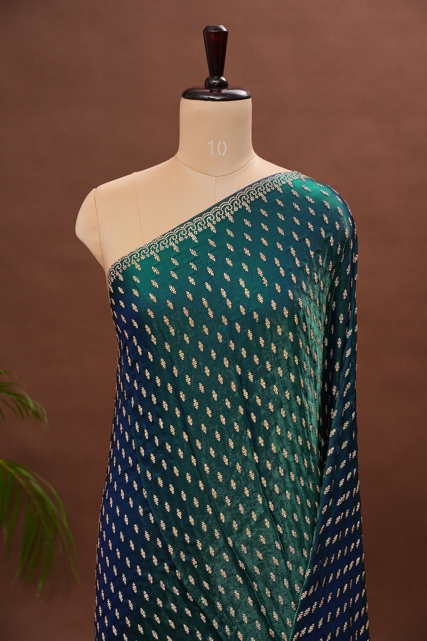 Dual Tone Peacock Blue & Emerald Green Party Wear Saree with Gold Stone Butta Work