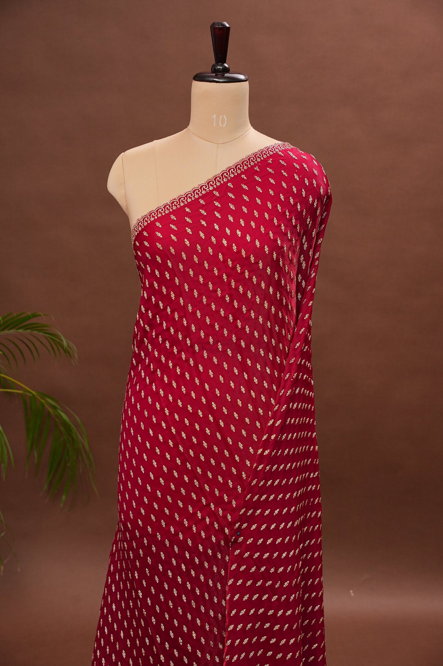 Ruby Red Party Wear Saree with Gold Butta & Embellished Border