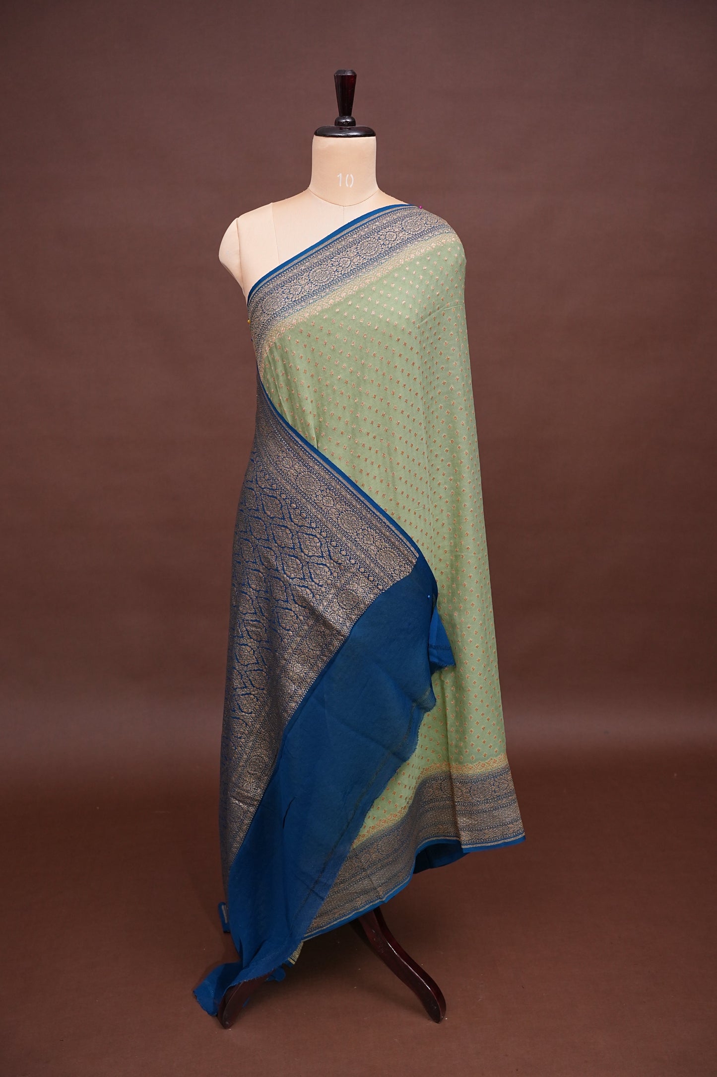Pure Khadi Georgette Banarasi Saree - Sage Green & Peacock Blue