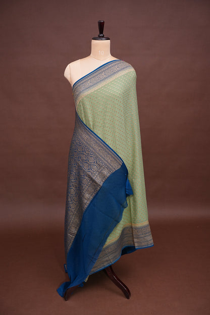 Pure Khadi Georgette Banarasi Saree - Sage Green & Peacock Blue