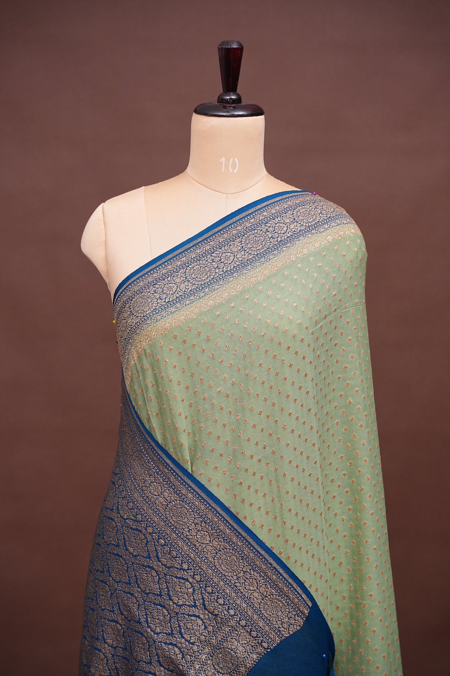 Pure Khadi Georgette Banarasi Saree - Sage Green & Peacock Blue