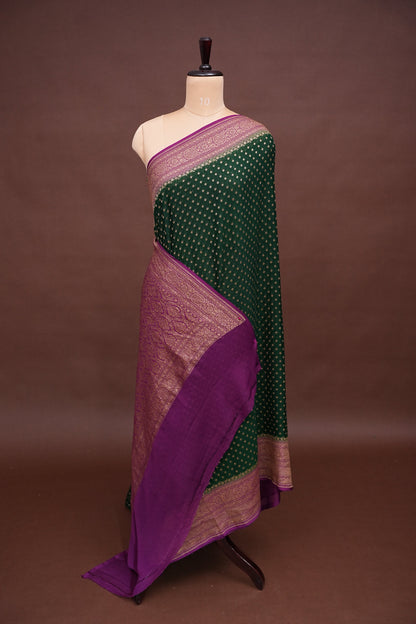Pure Khadi Georgette Banarasi Saree - Bottle Green & Magenta
