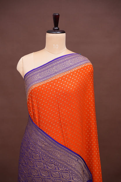 Pure Khadi Georgette Banarasi Saree - Orange & Deep Purple