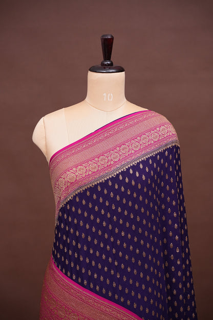 Pure Khadi Georgette Banarasi Saree - Deep Purple & Pink