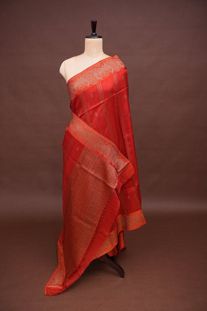 Tussar Banarasi Raw Silk Saree with Handloom Peacock Border – Deep Orange