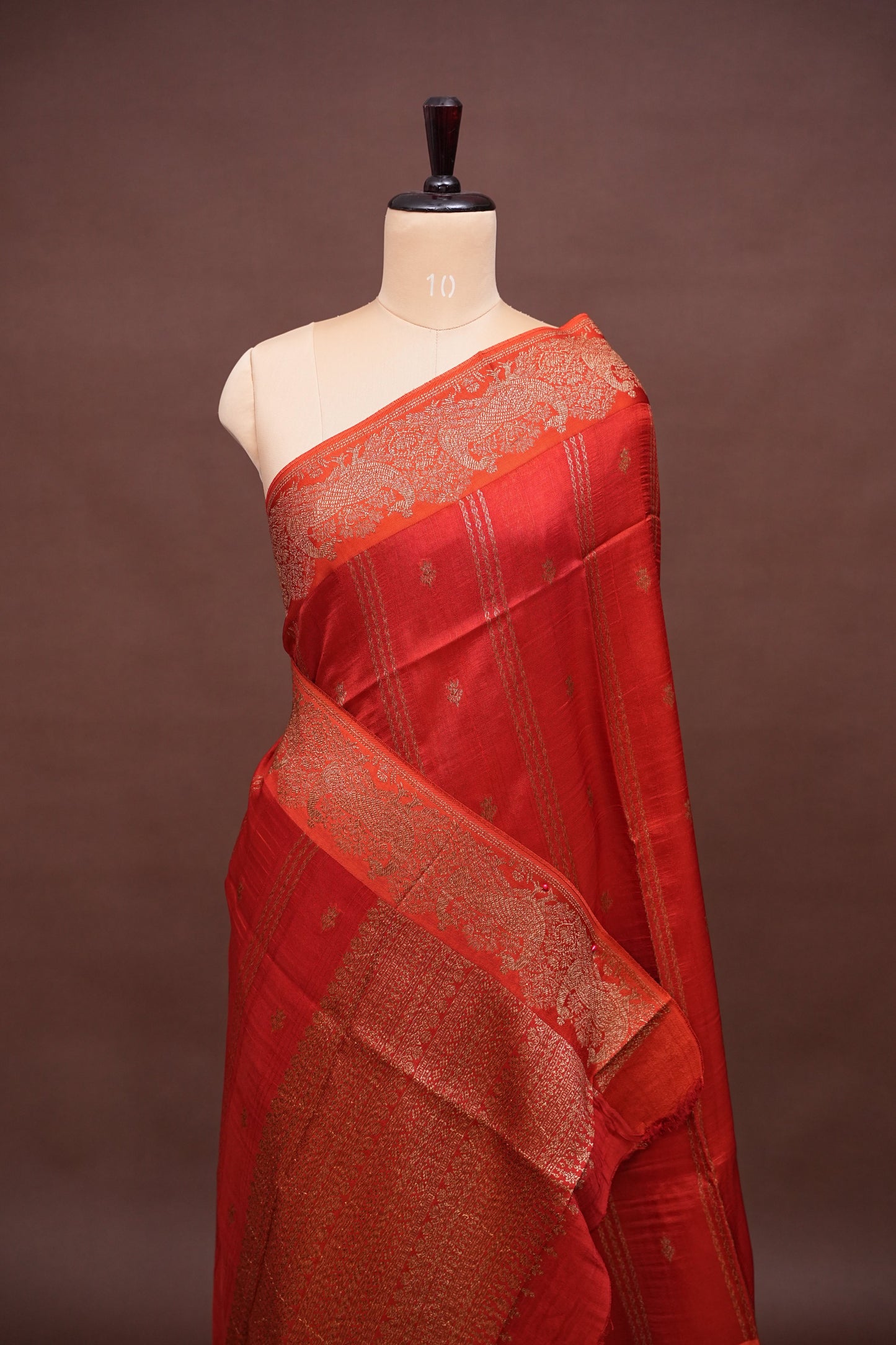 Tussar Banarasi Raw Silk Saree with Handloom Peacock Border – Deep Orange