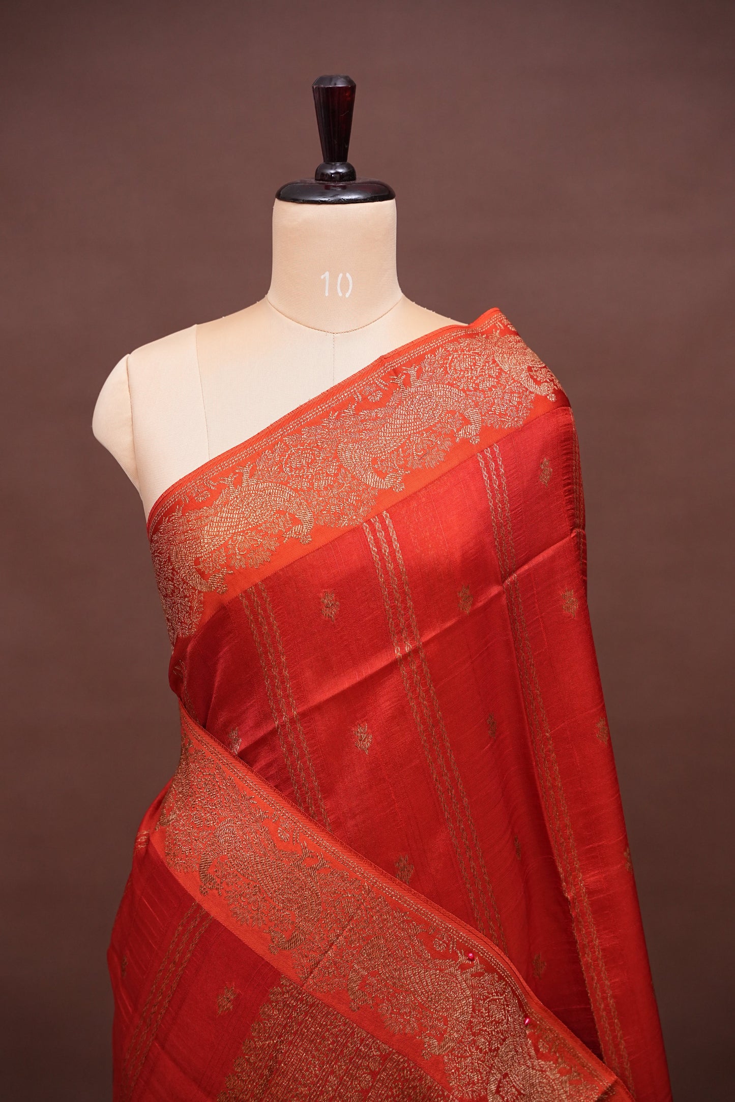 Tussar Banarasi Raw Silk Saree with Handloom Peacock Border – Deep Orange