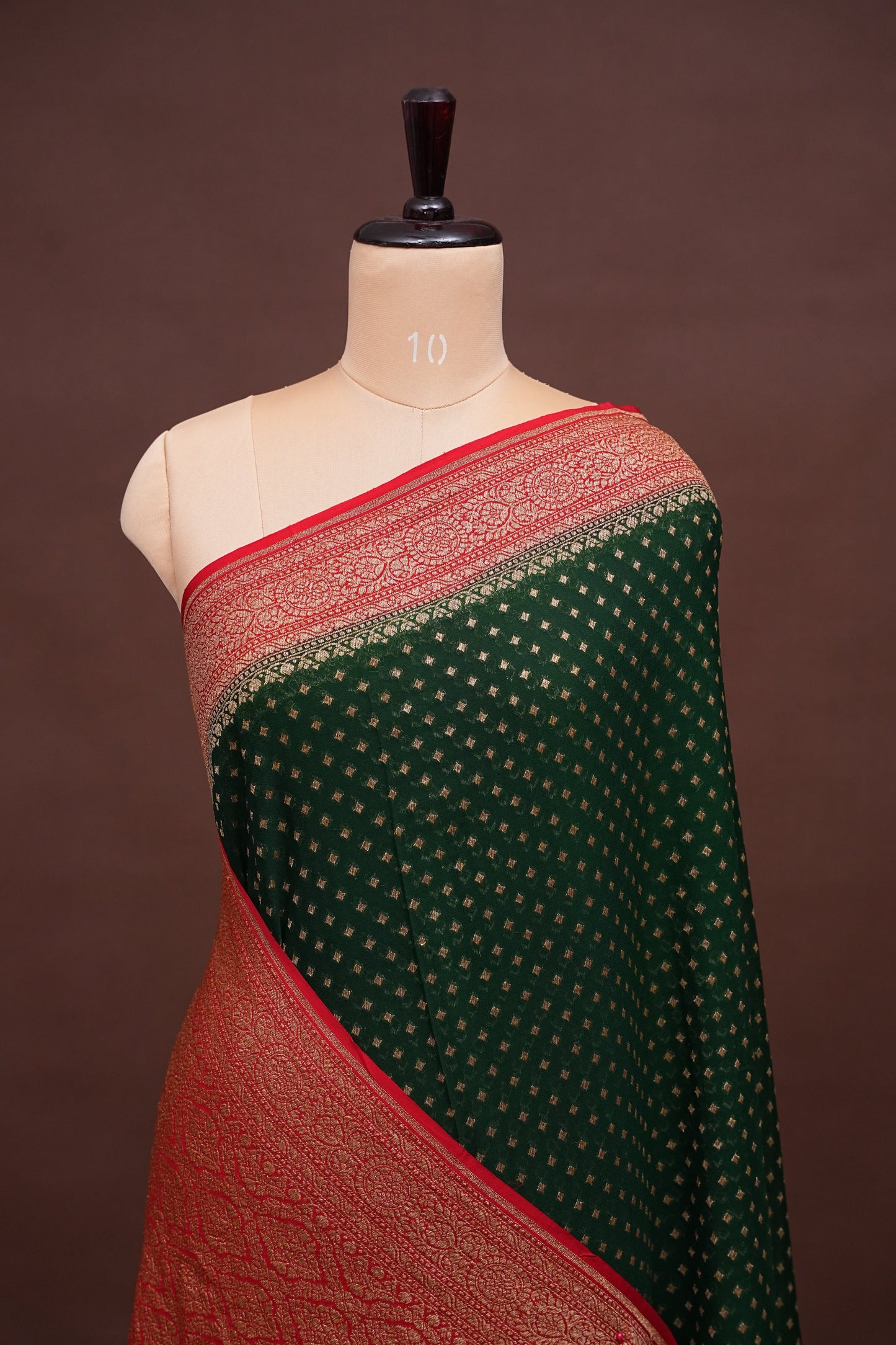 Pure Khadi Georgette Banarasi Saree – Bottle Green & Red