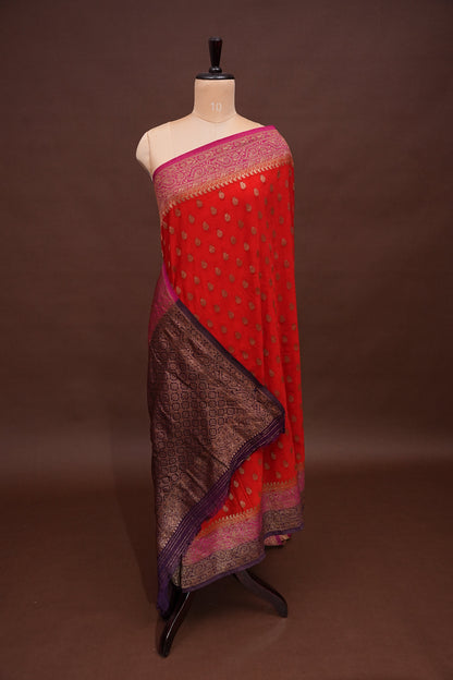 Banarasi Crepe Silk Georgette Saree –Orange & Deep Purple