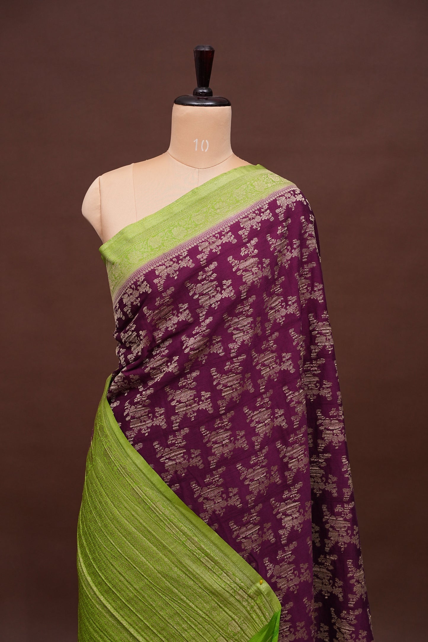 Georgette Silk Banarasi Saree - Wine & Lime Green