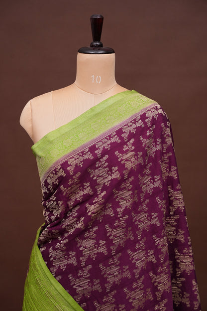 Georgette Silk Banarasi Saree - Wine & Lime Green