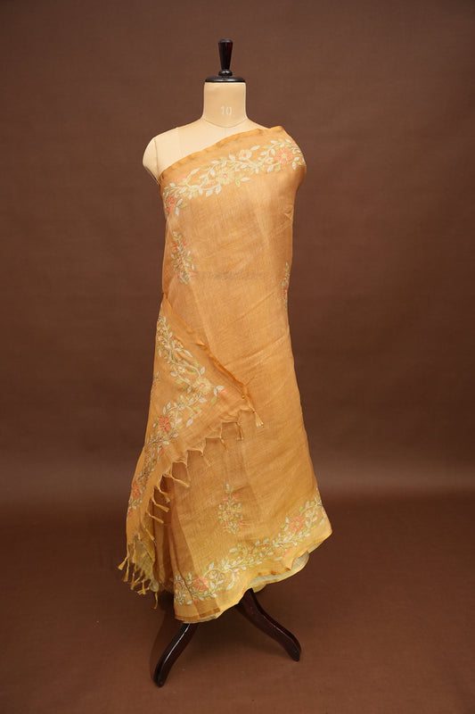 Embroidered Jute Linen Saree - Honey Beige
