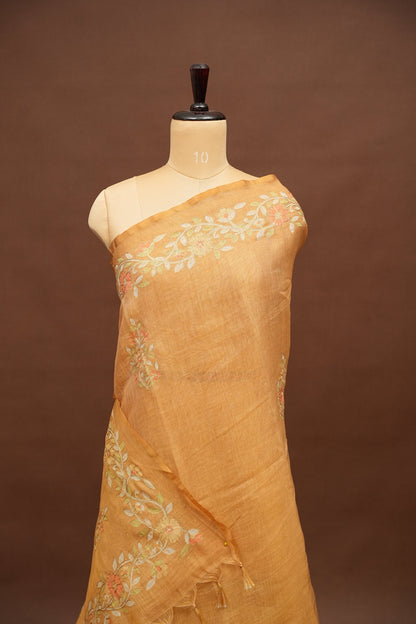Embroidered Jute Linen Saree - Honey Beige