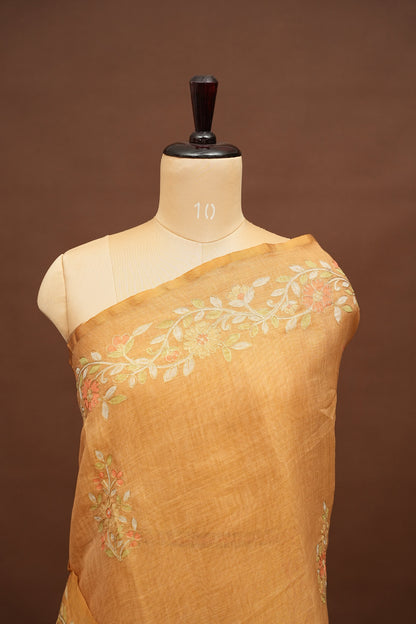 Embroidered Jute Linen Saree - Honey Beige