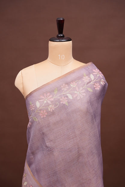 Embroidered Jute Linen Saree - Lilac