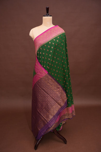 Banarasi Crepe Silk Georgette Saree – Bottle Green with Pink