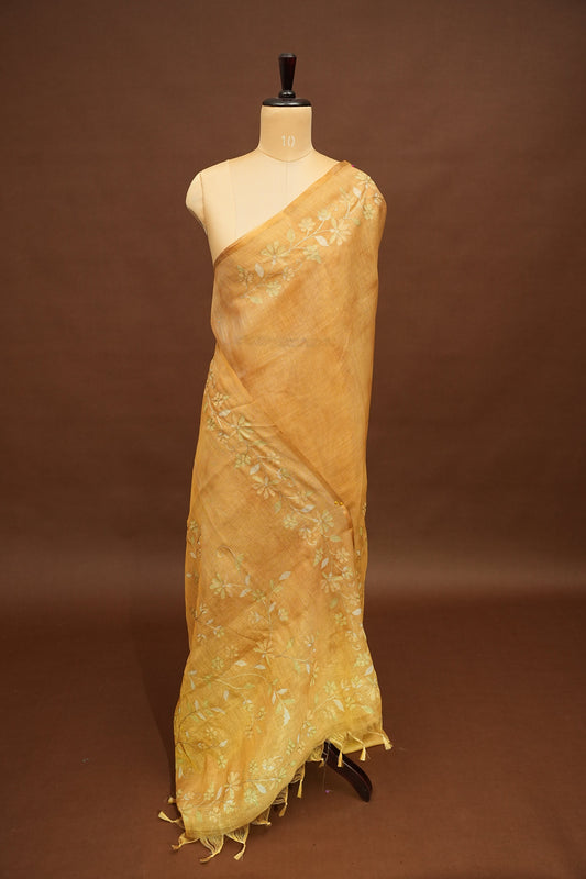 Embroidered Jute Linen Saree - Beige